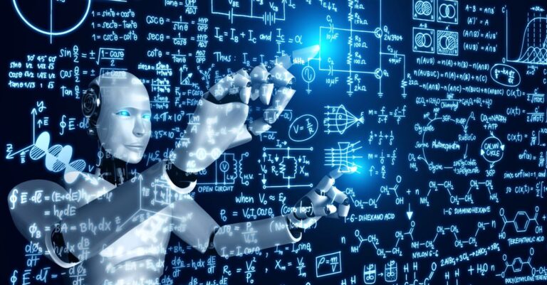 AI hominoid robot touch screen of mathematics formula and science equation